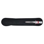 A plastic pen in a black felt case, featuring silver and red accents, with a logo on the pen.