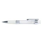 A plastic pen featuring a clear barrel and a white grip, with a chrome clip and tip.