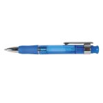 A blue plastic pen with a chrome clip and a transparent barrel. It has a logo on the side.