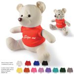A cream-colored plush bear wearing a red T-shirt, surrounded by multiple bear figures and T-shirt color options.
