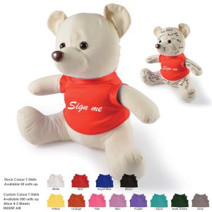 A cream-colored plush bear wearing a red T-shirt, surrounded by multiple bear figures and T-shirt color options.