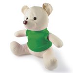 A plush bear in a green shirt, featuring a light cream-colored body and round ears, with a friendly expression.