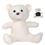 A plush white bear with a stitched design, accompanied by a smaller bear featuring a black shirt.