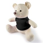 A plush calico bear with a cream-colored body and black shirt.