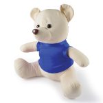 A plush toy bear with a creamy body and a blue shirt, featuring round ears and a cute face.