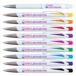 A set of ten colorful pens in white with a logo, featuring assorted ink colors including blue, green, and orange.