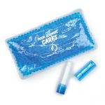 A blue wellness pack with gel beads and a white lip balm tube. Includes a branded packaging.