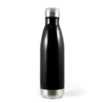 A drink bottle in black with a stainless steel base, featuring a simple, sleek design and a metallic cap.