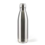 A drink bottle with a sleek silver stainless steel design and a screw-on lid. It features a branding logo.