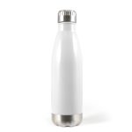 A drink bottle with a sleek white body and a stainless steel bottom, featuring a silver cap.