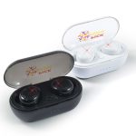 Wireless earbuds in black and white, housed in a compact charging case with a transparent lid and a logo.