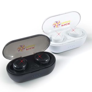 Wireless earbuds in black and white, housed in a compact charging case with a transparent lid and a logo.