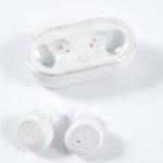White wireless earbuds with a charging case, featuring a clear top and a built-in logo.