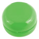 A green yo-yo with a glossy finish, round in shape, prominently displayed.