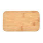 A bamboo lunch box with a smooth, natural finish and rounded corners, featuring a minimalistic design.