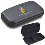 A black medium EVA zipper case featuring an interior compartment and a logo on the exterior.
