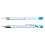 A Falcon Pen in white plastic with a blue accent and a silver clip. Two pens are displayed, one on top of the other.