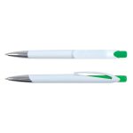 A plastic pen in white with green accents and a chrome tip, featuring a clip and a smooth design.