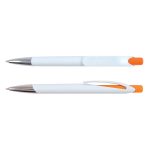 A plastic pen featuring a white barrel and an orange top. It has a chrome accent and a clip for easy handling.