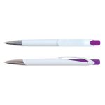 A plastic pen with a white body and purple accents, featuring a clip and a shiny silver tip.