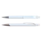 A white plastic pen with a silver clip and tip, featuring a smooth design and a glossy finish.