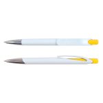 A set of Falcon Pens in a sleek plastic design, featuring a white body with yellow accents and chrome details.