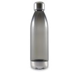 A drink bottle made of transparent material with a sleek design and a metallic base.
