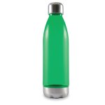 A drink bottle featuring a vibrant green body and a metallic silver base and cap.