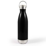 A drink bottle with a sleek black exterior, stainless steel bottom, and a metal hanger lid.