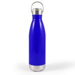 A drink bottle in a vibrant blue color with a stainless steel bottom and a metal hanger lid.