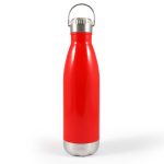 A drink bottle featuring a sleek red design with a stainless steel bottom and a hanger lid for easy carrying.