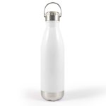 A drink bottle in white with a stainless steel base and a hanger lid, featuring a logo on the body.