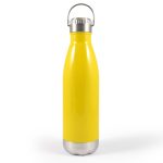 A drink bottle in a bright yellow color with a silver base and a hanger lid.