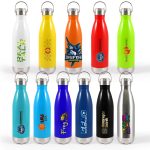 A collection of colorful drink bottles with various designs and branding, featuring metal and plastic finishes.