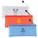 Three zippered pencil cases in white, orange, and blue, each with a cartoon character design and a branding logo.