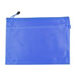A blue PVC pouch with a drawstring closure and a mesh texture, featuring a branding logo.