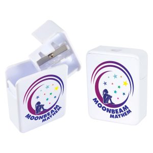 A rectangular white pencil sharpener with a logo design and colorful star accents.