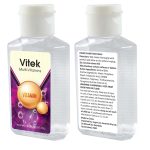 A clear bottle of hand sanitiser with a yellow and purple label, containing 60ml of product and featuring a logo.