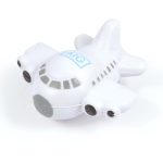 A white airplane-shaped stress reliever featuring a logo on the body.