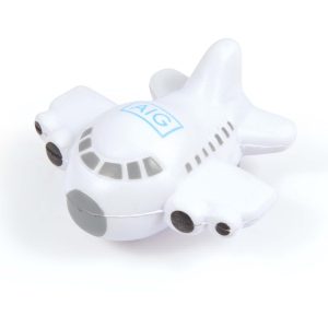 A white airplane-shaped stress reliever featuring a logo on the body.