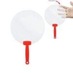 A round, transparent fan with a red handle, available in two sizes.