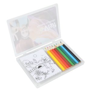 A drawing set with eight colored pencils in red, green, yellow, blue, and more, inside a translucent case with a coloring book.