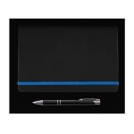 A black notebook with a blue elastic band and a silver pen placed beside it.