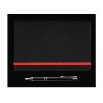 A sleek black notebook with a red elastic band and a stainless steel pen positioned beside it.
