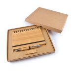 A bamboo notebook with a pen and a matching pen holder, presented in a kraft gift box.
