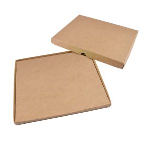 A gift box with a natural kraft finish, featuring a flat design and an open lid, revealing a simple interior.