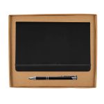 A cardboard gift set featuring a black notebook and a silver pen, packaged neatly in a brown box.