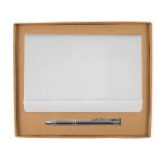 A cardboard gift set featuring a notebook with a sleek white cover and an elegant silver pen.