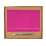 A pink notebook and a silver pen packaged together in a cardboard gift set.