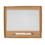 A white notebook and a silver pen are neatly packaged in a brown cardboard gift box.